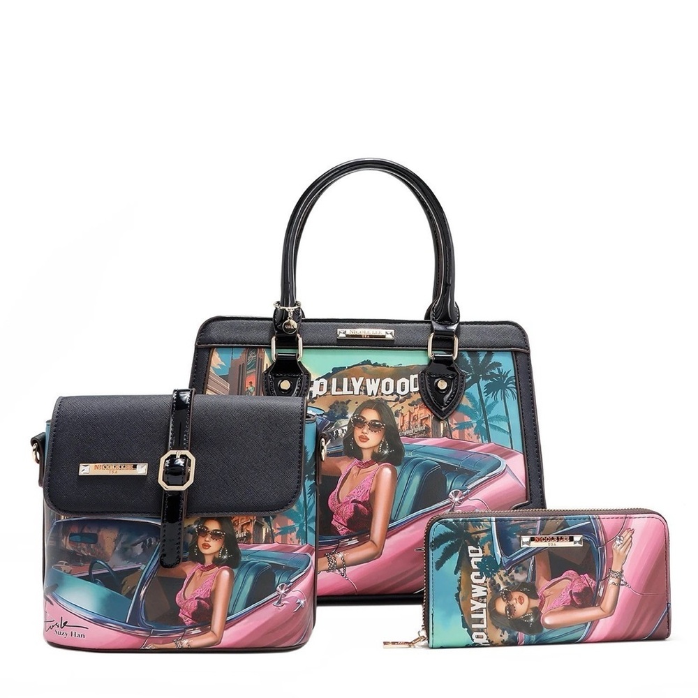 Nicole Lee Black and Pink Hollywood Satchel Set